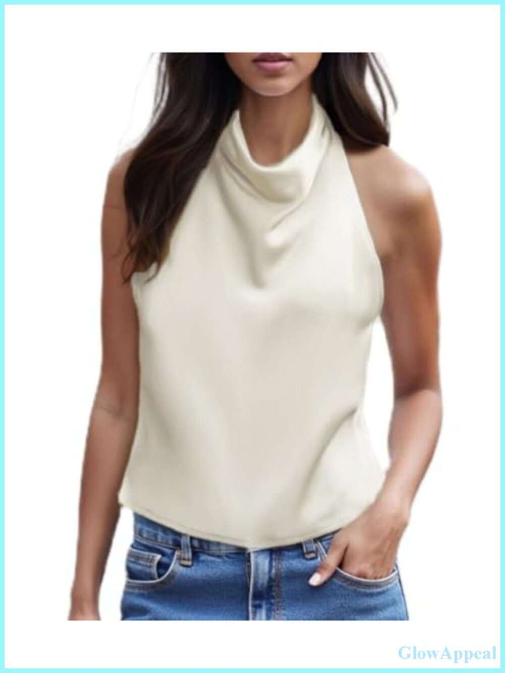 Women Halter Backless Tank Top High Mock Neck Cami Satin Slim Fit Cropped